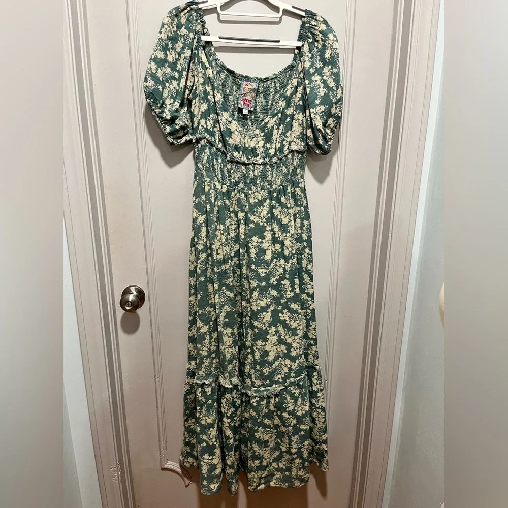 Johnny Was Teal Green Floral Puff-Sleeve Maxi Dress - Picture 1 of 3